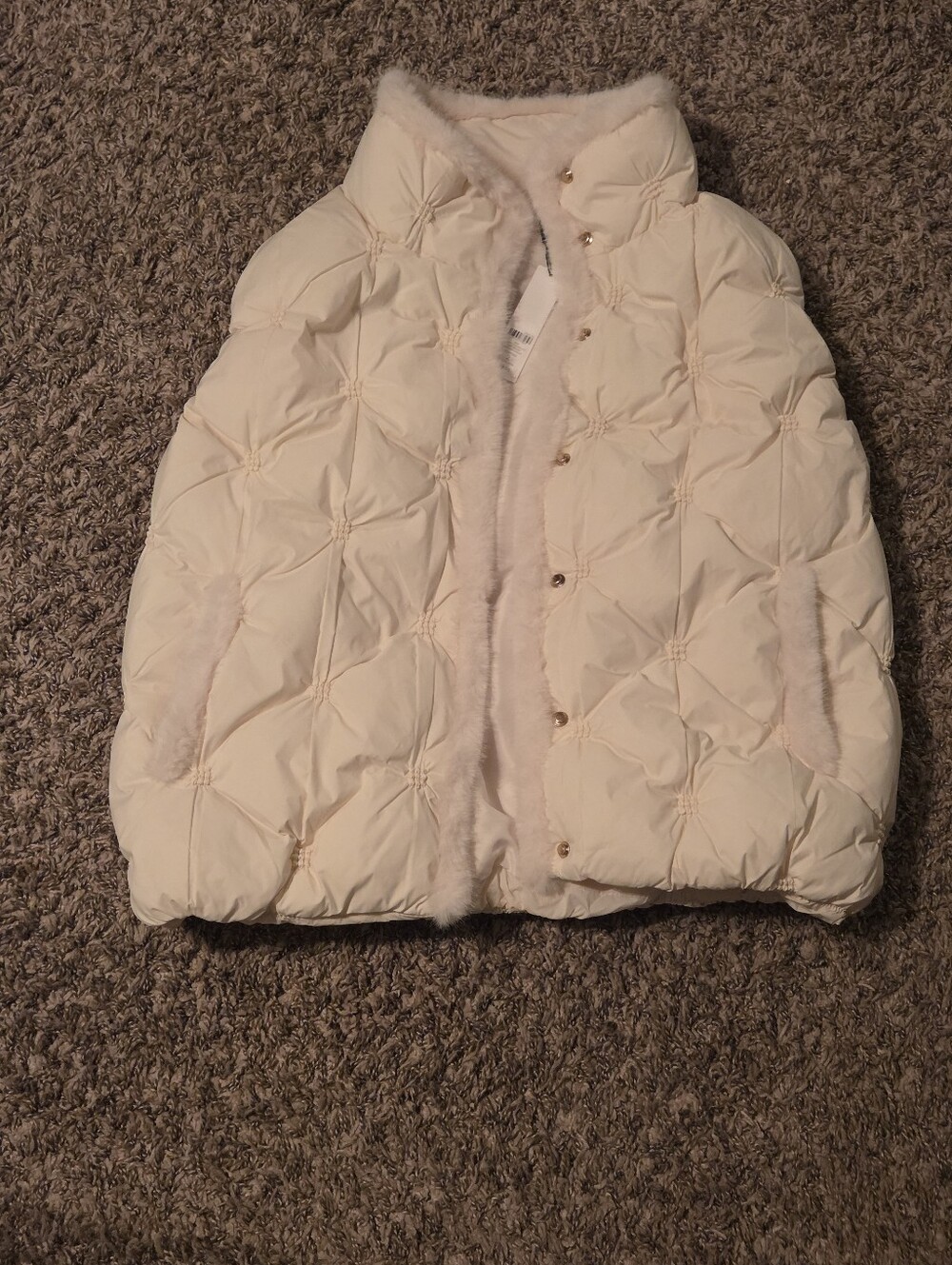 Chico's Puffer Vest Fur Trim English Cream Nylon - Size 2, Aka Size Large